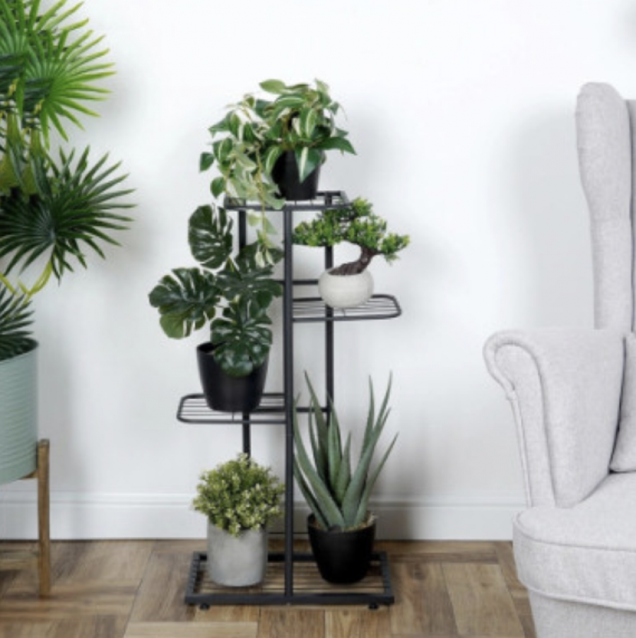 Blomsterställ i metall svart 4 nivåer 80 cm – modernt växtställ för hem och kontor